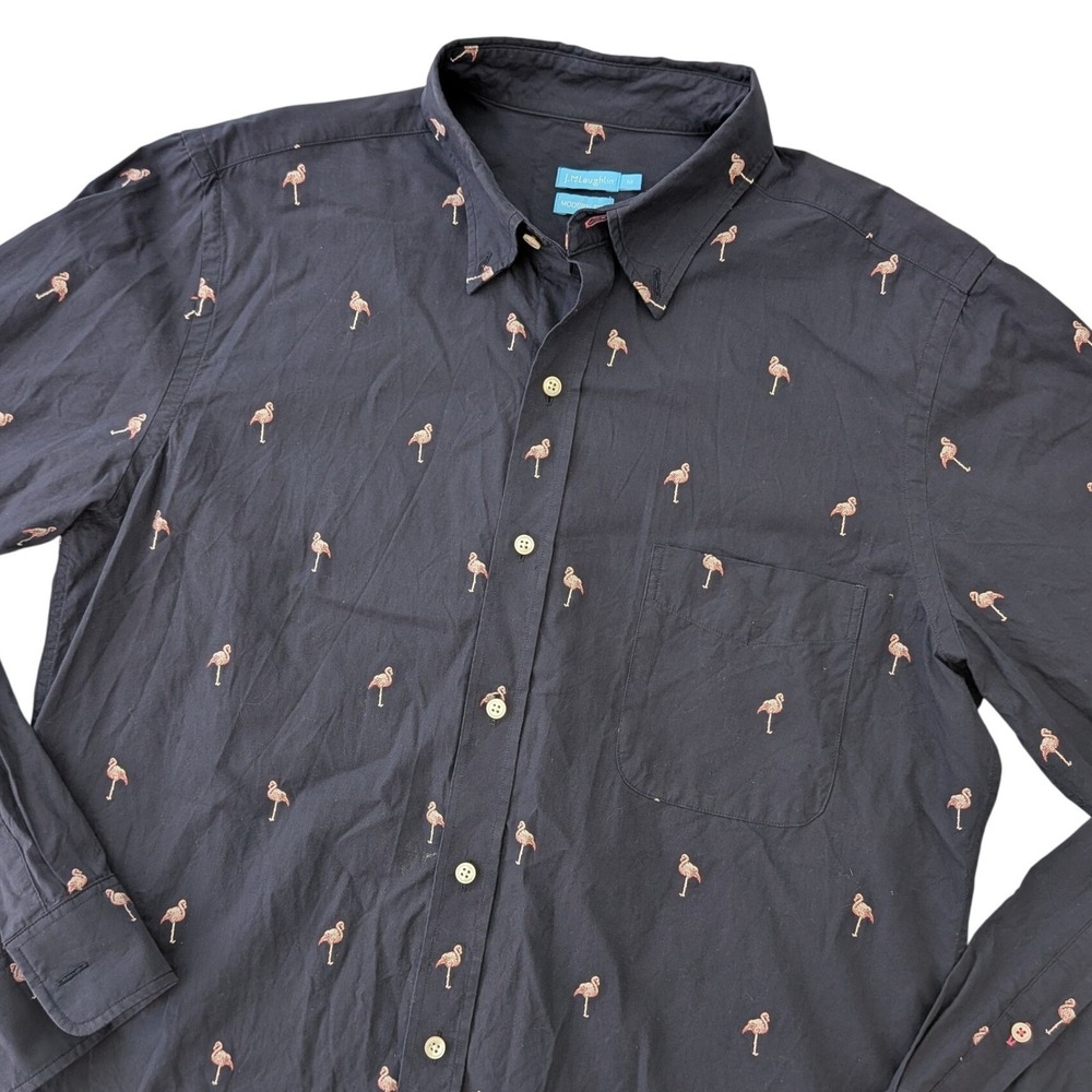 J.McLaughlin Modern Fit Shirt‎ Mens Medium Navy Pink Flamingo Print Cotton